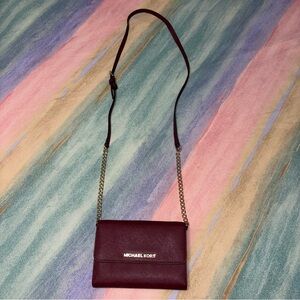 Michael Kors Burgandy Saffiano Leather Wallet Chain Mini Crossbody